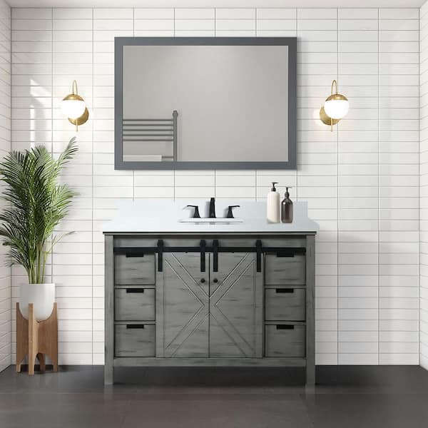 Lexora Marsyas 48 in W x 22 in D Ash Grey Bath Vanity, White Quartz Countertop, Faucet Set and 44 in Mirror