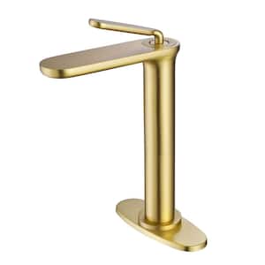 Single Handle Bathroom Vessel Sink Faucet with Deckplate Modern 1 Hole Brass High Tall Bathroom Faucets in Brushed Gold