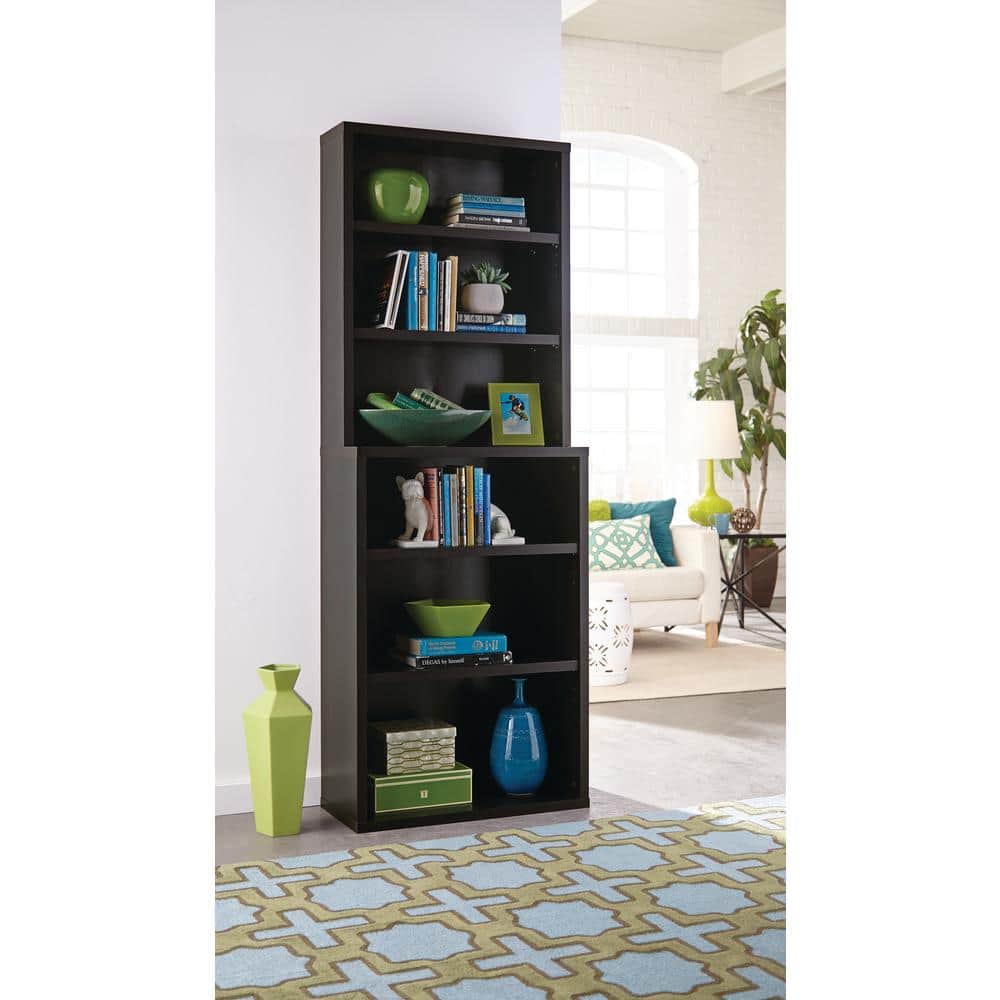 Adjustable Black Walnut Hutch-Style Bookcase with 6 Cubes