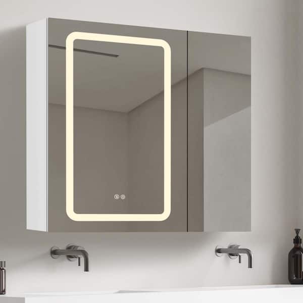 Zeafive 30 in. W x 30 in. H Rectangular White Aluminum Surface Mount Defogger Bathroom Medicine Cabinet with Mirror and Lighted