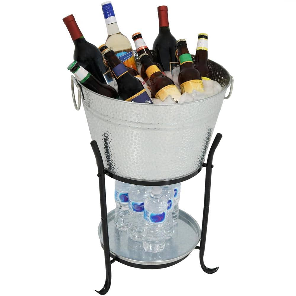 Sunnydaze Pebbled Galvanized Steel Ice Bucket Drink Cooler with Stand and Tray