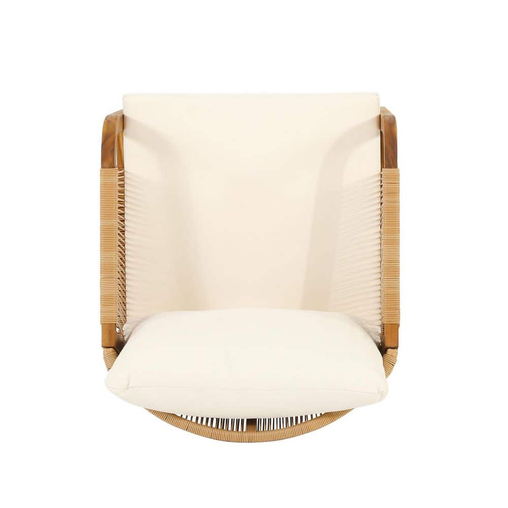 Top-down view of a wooden lounge chair with beige cushions.