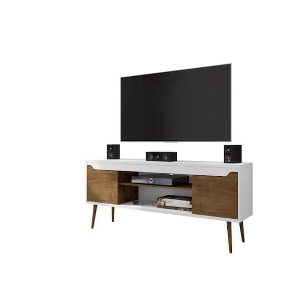 Manhattan Comfort Bradley 62.99 in. White and Rustic Brown TV Stand Fits TVs Up to 60 in. with Storage Doors, Shelves and Cable Management