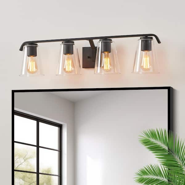 30.25 in. 4-Light Painted Black Vanity Light with Clear Glass Shades