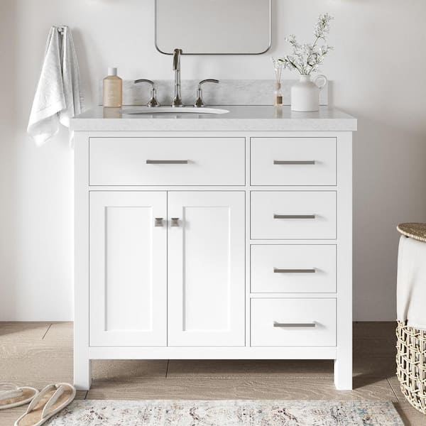 ARIEL Bristol 37 in. W x 22 in. D x 36 in. H Freestanding Bath Vanity in White with White Marble Top