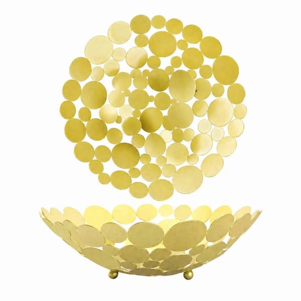 Gold Metal Round Fruit and Bread Basket with Open Ventilated Design, 11.42 in. W x 3.55 in. H