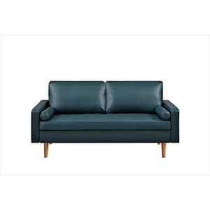 Rumaisa 69.68 in. Square Arm 3-Seater Faux Leather Mid-Century Modern Straight Sofa in Dark Ocean Blue