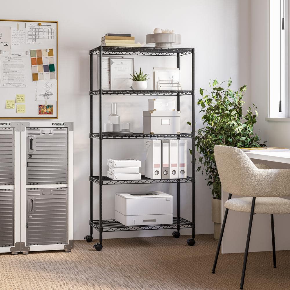 5-Tier Black Steel Wire Shelving Unit with Adjustable Shelves