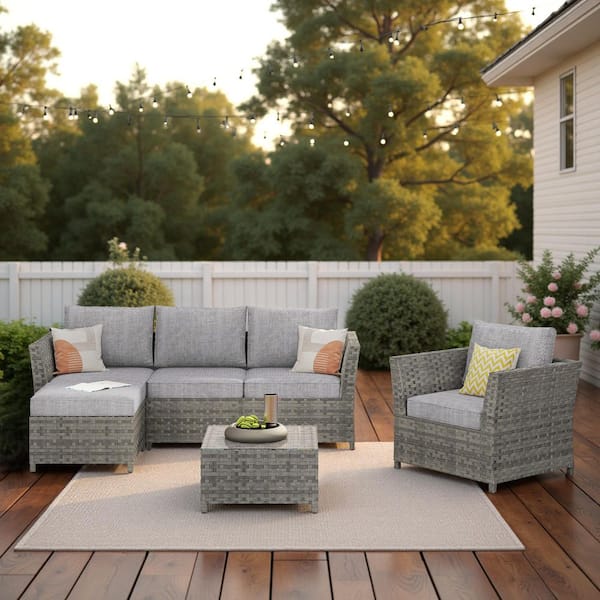 XIZZI Vesta Gray 6-Piece Wicker Outdoor Patio Conversation Sofa Set with Dark Gray Cushions