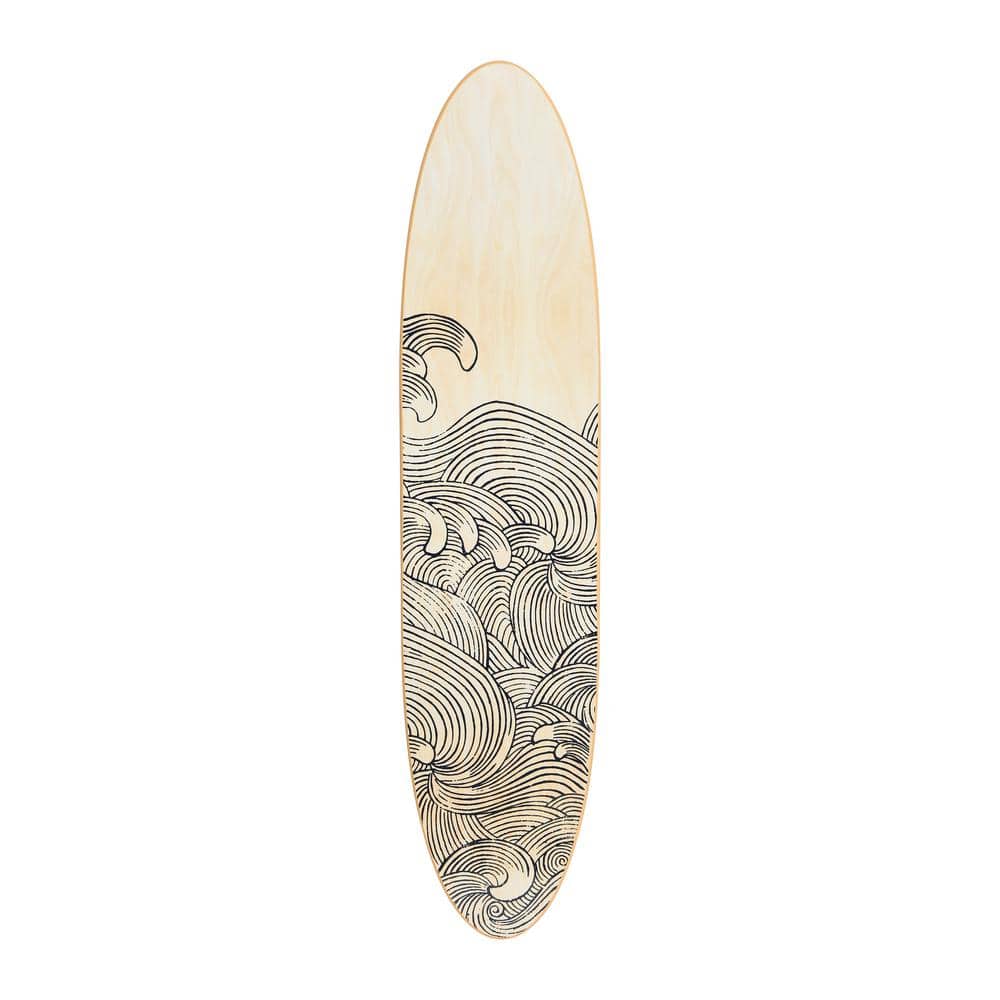 Natural Wood Coastal Surfboard Wall Art with Wave Design