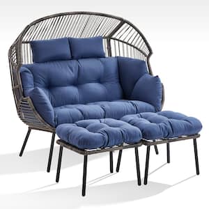 Corina Gray Outdoor Patio Wicker Oversized Stationary Egg Chair Loveseat with Blue Cushions and Ottomans