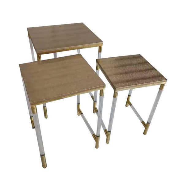 15.7 in. Brown and Clear and Gold Rectangular Wooden Top End Table (Set of 3)