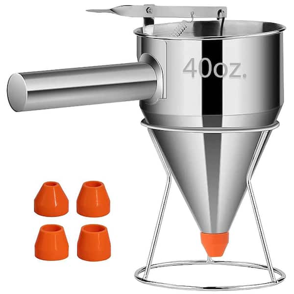 Silver Stainless Steel 40 oz. Pancake Batter Dispenser, 4-Interchangeable Silicone Nozzles Easy Control Batter Dispenser