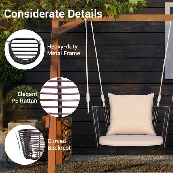 Outdoor Swing Chair Black Porch Swing With Rope Kadehome 1-Person