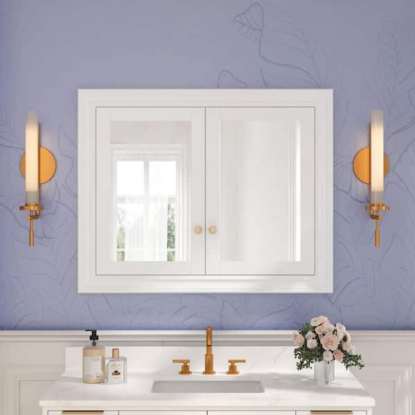 40 in. W x 32 in. H Rectangular Solid Wood Recessed Medicine Cabinet with Mirror in White, 2 Soft Close Door,Assembled