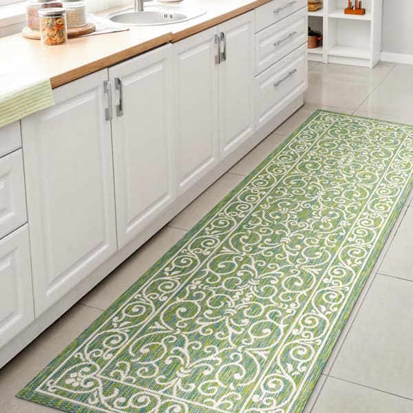 Charleston Vintage Filigree Textured Weave Green/Ivory 2 ft. x 8 ft. Indoor/Outdoor Runner Rug