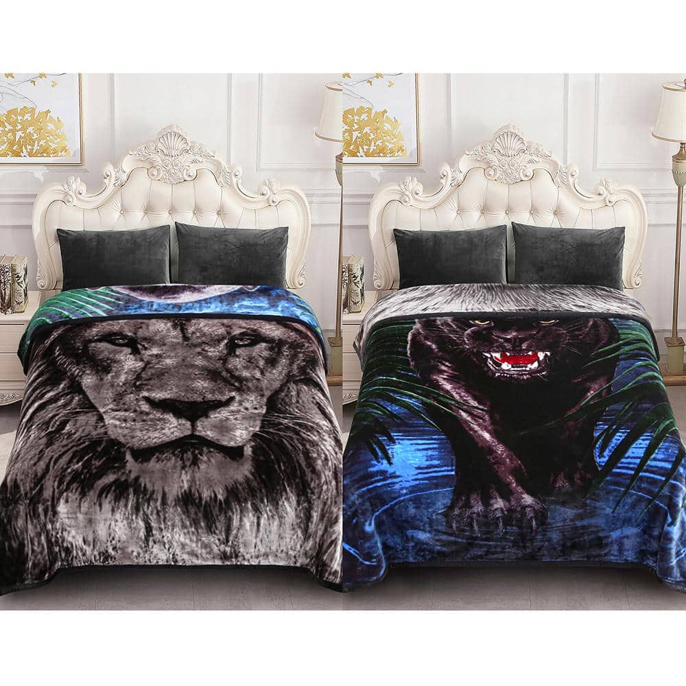 Lion Leopard Polyester 83 in. x 91 in. Reversible Printed Fleece Mink Warm Thick Winter Blanket - Thumbnail 3