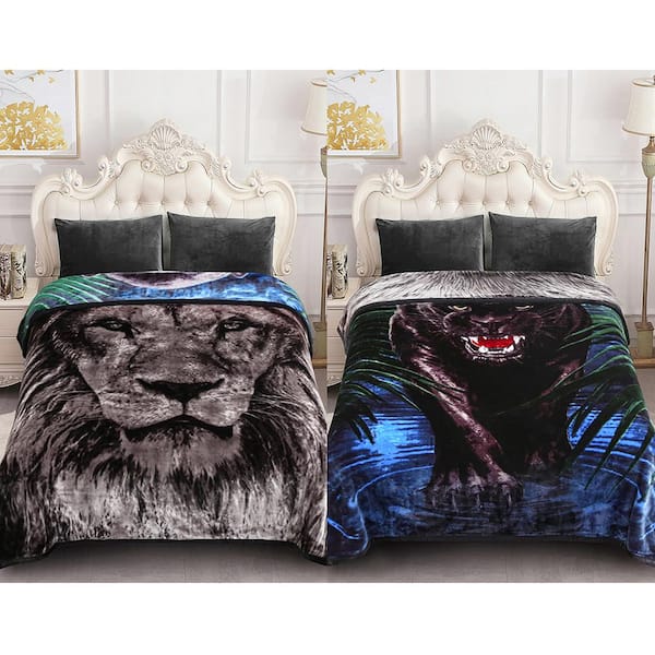 JML Lion Leopard Polyester 83 in. x 91 in. Reversible Printed Fleece Mink Warm Thick Winter Blanket