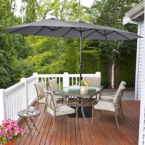 15 ft. Double-Sided Twin Metal Market Patio Umbrella with Crank and Base in Grey