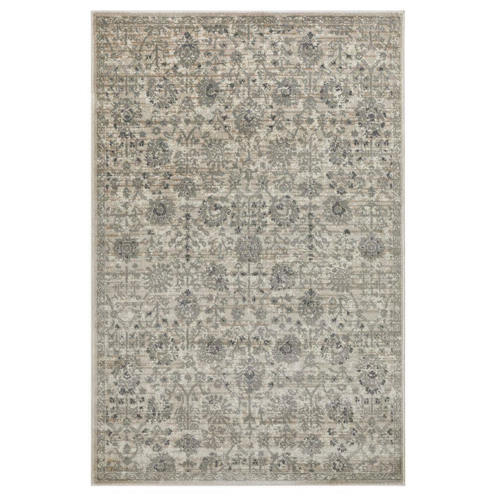 Ivory and Gray Floral Synthetic 5' x 7' Area Rug