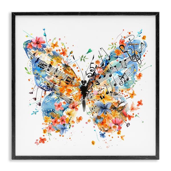 Stupell Industries Song Notes Butterfly by LSR Design Studio Black Framed Animal Giclee Art Print 12 in. x 12 in.