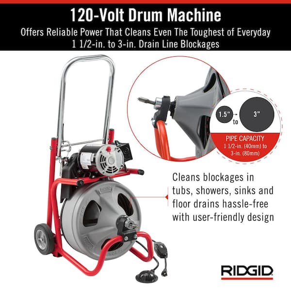 RIDGID 52363 K-400 Drain Cleaning Snake Auger 120-Volt Drum Machine with C-32IW 3/8 in. x 75 ft. Cable + 4-Piece Tool Set & Gloves - 3