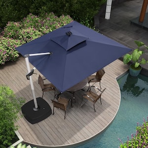 9 ft. Square Aluminum Solar Powered LED Patio Cantilever Offset Umbrella with Wheels Base, Navy Blue