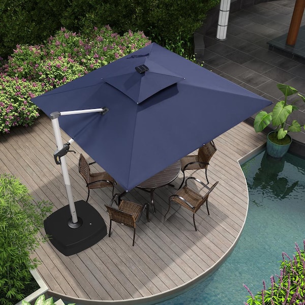 PURPLE LEAF 9 ft. Square Aluminum Solar Powered LED Patio Cantilever Offset Umbrella with Wheels Base, Navy Blue
