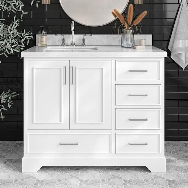 ARIEL Stafford 42 in. W x 22 in. D x 36 in. H Left Single Sink Bath Vanity in White with Carrara White Marble Top