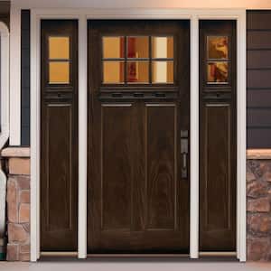 63.5 in.x81.625 in. 6 Lt Clear Craftsman Stained Chestnut Mahogany Right-Hand Fiberglass Prehung Front Door w/Sidelites