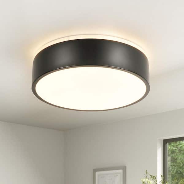 Norma 11.8 in. Modern Drum Black Integrated LED Flush Mount Light Ceiling Light with Acrylic Shade