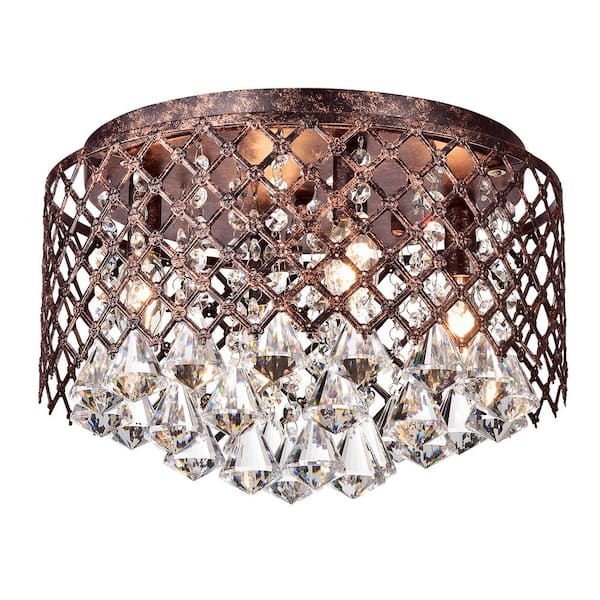 Antique Copper 4-Light Lattice Crystal Flush Mount - Antique Copper