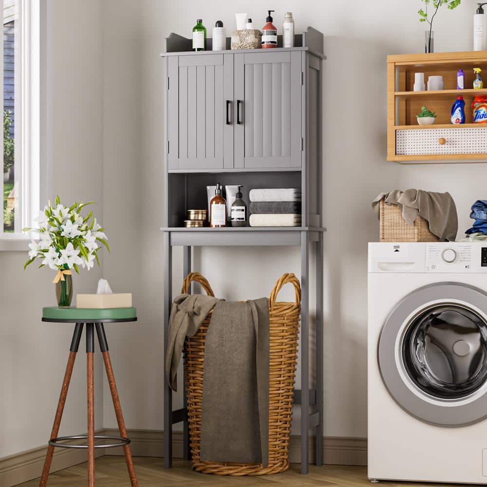 Gray Adjustable Over-the-Toilet Storage Cabinet with Doors