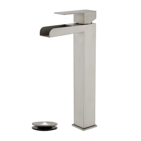 High Arc Single Handle Single Hole Bathroom Faucet with Drain Kit Included in Nickel
