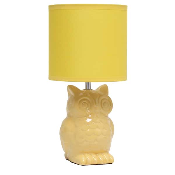 Simple Designs 12.8 in. Dandelion Yellow Tall Contemporary Ceramic Owl Bedside Table Desk Lamp with Matching Fabric Shade