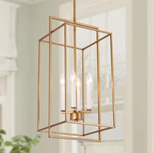 4-light Vintage Brushed Gold Modern Candlestick Chandelier Transitional Island Chandelier with Geometric Cage Pendant
