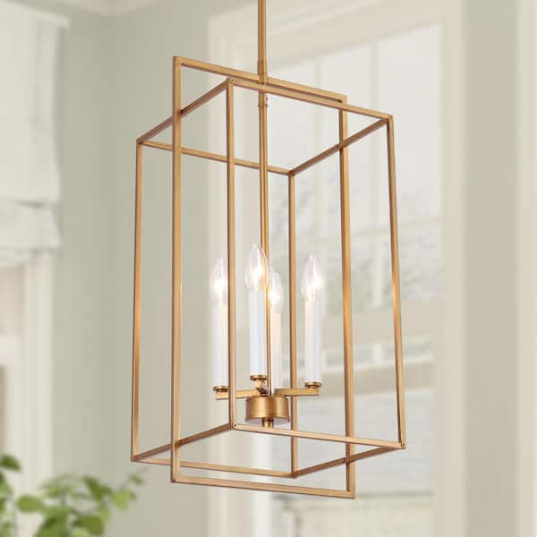 LNC Modern 4-Light Vintage Brushed Gold Island Pendant with Geometric Cage for Foyer Transitional Candlestick Chandelier