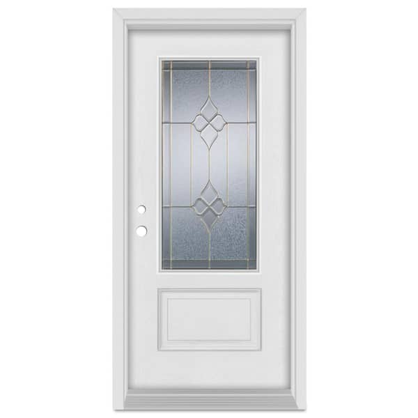 Stanley Doors 36 in. x 80 in. Geometric Right-Hand Brass Finished Fiberglass Mahogany Woodgrain Prehung Front Door