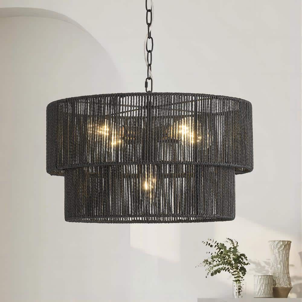 5-Light Black Bohemian Drum Hanging Pendant Light with 2-Tier Woven Shade