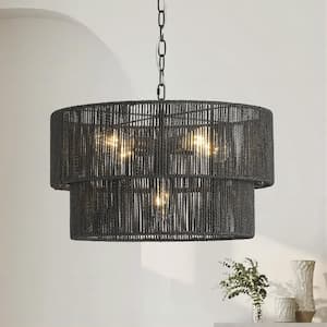 5-Light Black Bohemian Drum Hanging Pendant Light with 2-Tier Woven Shade