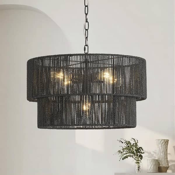 Keazile 16 in. 2-Tiers 1-Light Black Pendant Light with