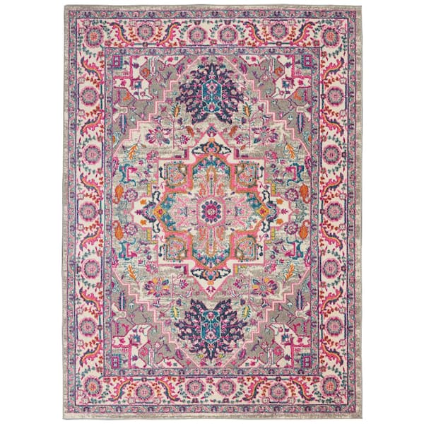 Passion Light Grey/Pink 4 ft. x 6 ft. Persian Medallion Transitional Area Rug