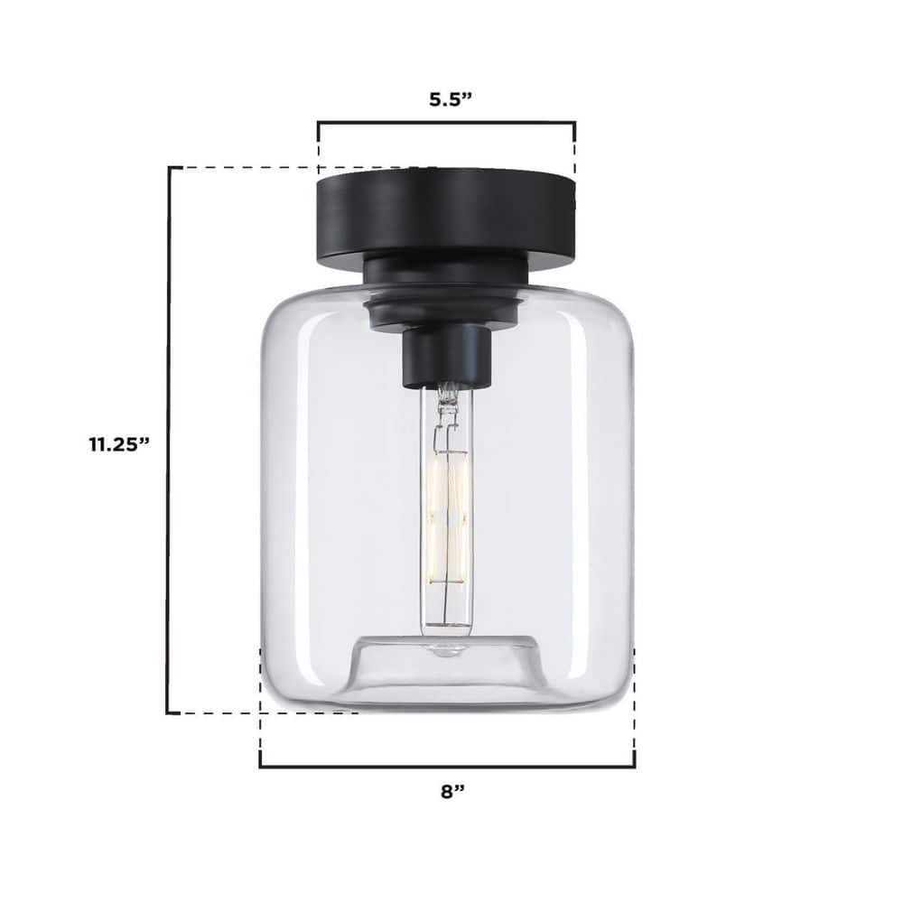 Matte Black and Clear Glass 8" Semi-Flush Ceiling Light