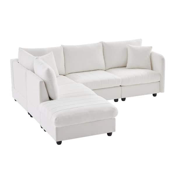 Nestfair 89 in. L-Shaped Linen Fabric Sectional Sofa in White with Convertible Ottoman and 2 Pillows