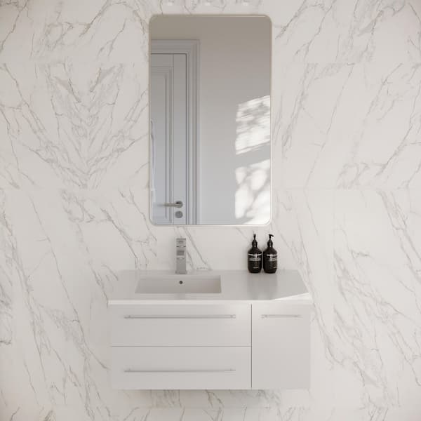 Lucera 36 in. Single Sink Wall Mount White Bath Vanity with White Quartz Top and Undermount Sink - Left Version