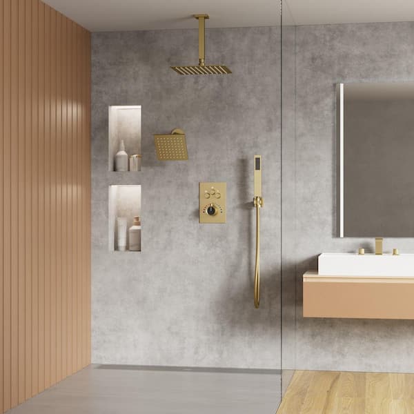 Thermostatic 7-Spray 12 in. Ceiling Mount Dual Shower Head and Handheld Shower in Brushed Gold (Valve Included)
