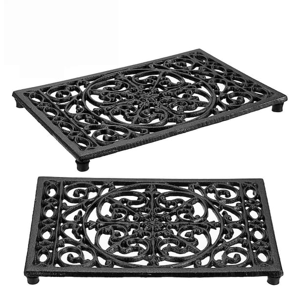Rustic Cast Iron Heat Resistant Rectangle Black Trivet for Kitchen Dining Table Countertop Cooktop Hot Dish (Set of 2)