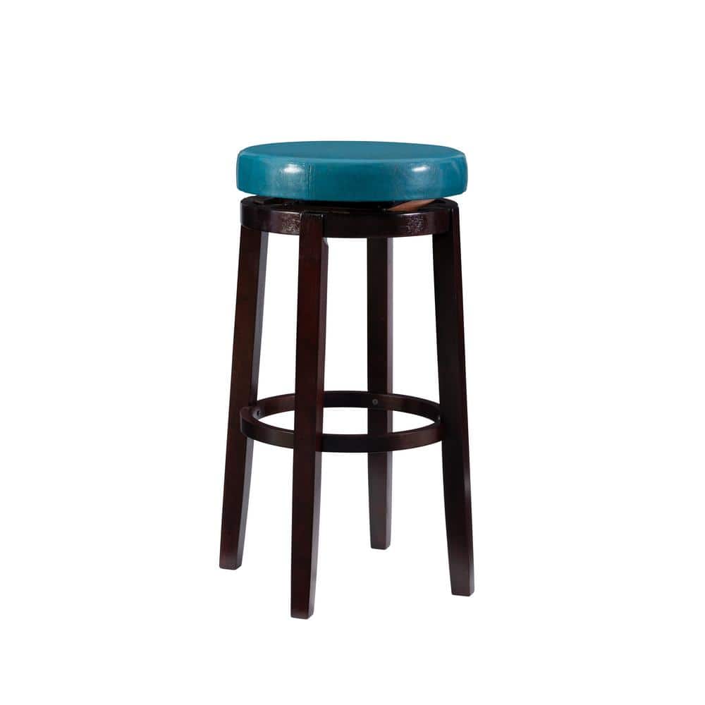 Teal Backless Swivel Wood and Leather Bar Stool