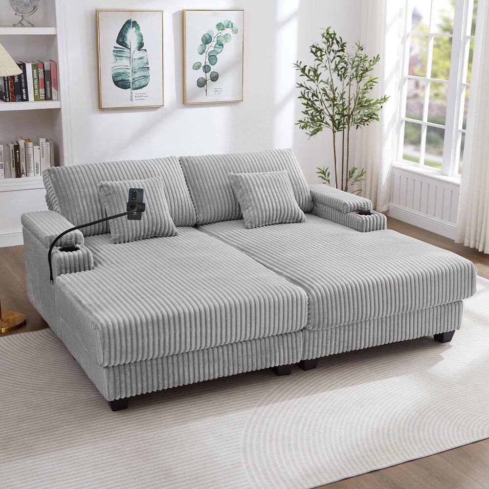 Falmare Modern Grey Corduroy Upholstered Double Chaise Lounge Sofa Bed Sleeper Sofa with Adjustable Back, Cup Holders