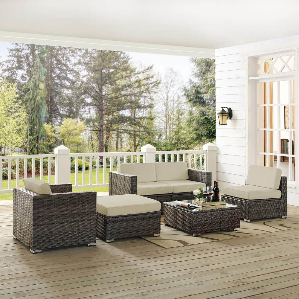 Sea Island 6-Piece Wicker Patio Conversation Set with White Cushions
